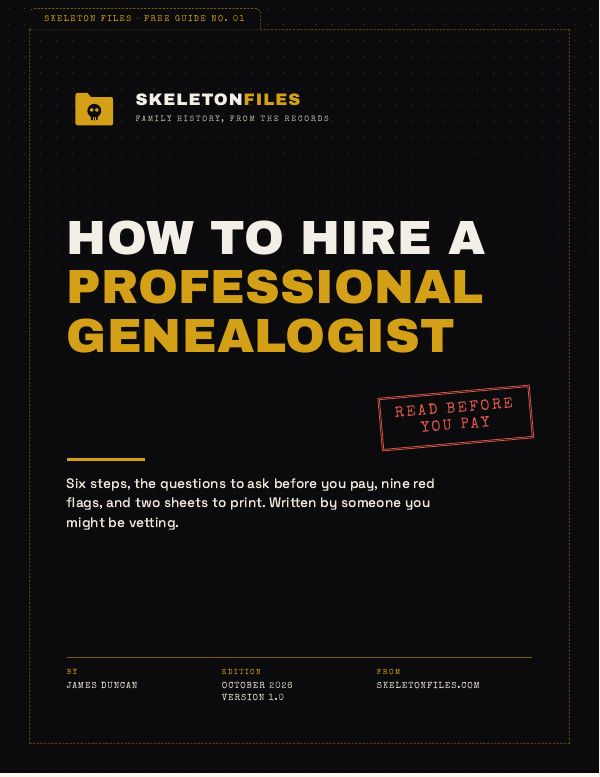 The guide's cover: How to hire a professional genealogist, with a red stamp reading Read before you pay