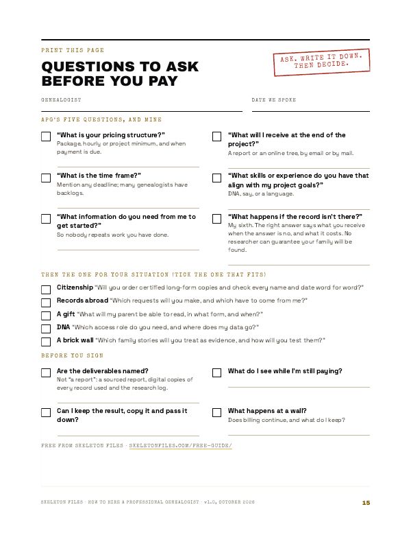 The one-page sheet of questions to ask before you pay, with a tick box and a line to write the answer under each question