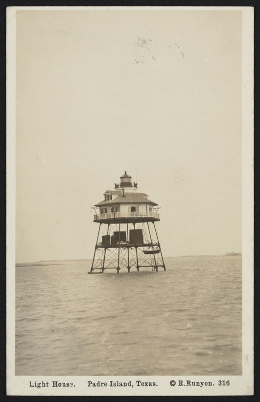 Sepia postcard captioned “Light House. Padre Island, Texas.”: a lighthouse on stilts standing in open water