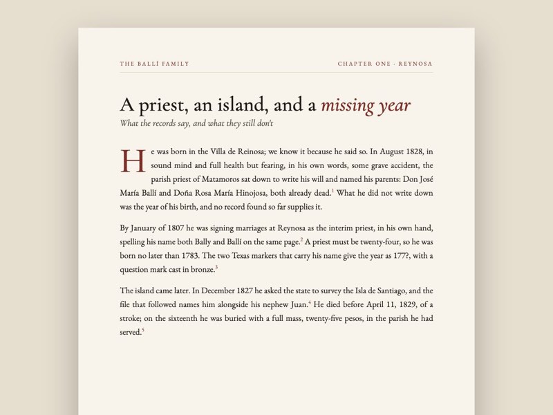 A typeset page of family history prose with source notes