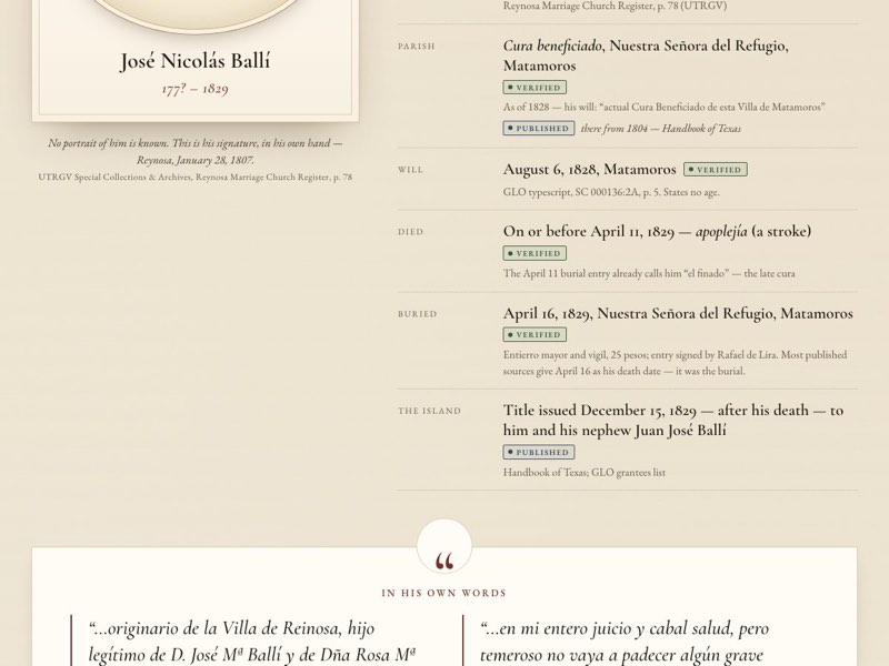 A person page from the sample family website: facts, source badges and a signature in place of a portrait