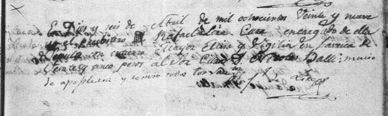 Padre Ballí's burial entry in the Matamoros parish register, April 16, 1829, handwritten in Spanish
