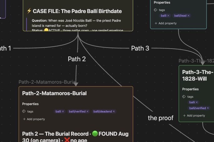 A close-up of the File 001 case board: the case file branches into three research paths, and Path 2, the burial record, is marked found with no age