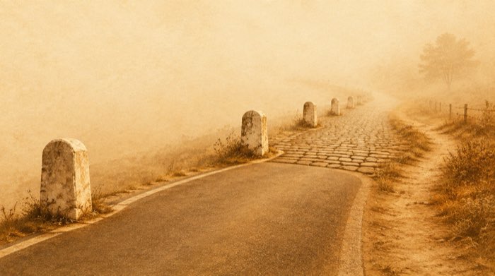 Illustration: stone mileposts along a road that turns from pavement to cobblestones and fades into fog