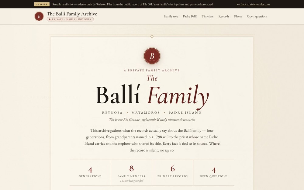 The sample family website on a laptop: The Ballí Family Archive