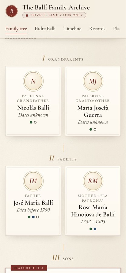 The same family website on a phone, showing the family tree