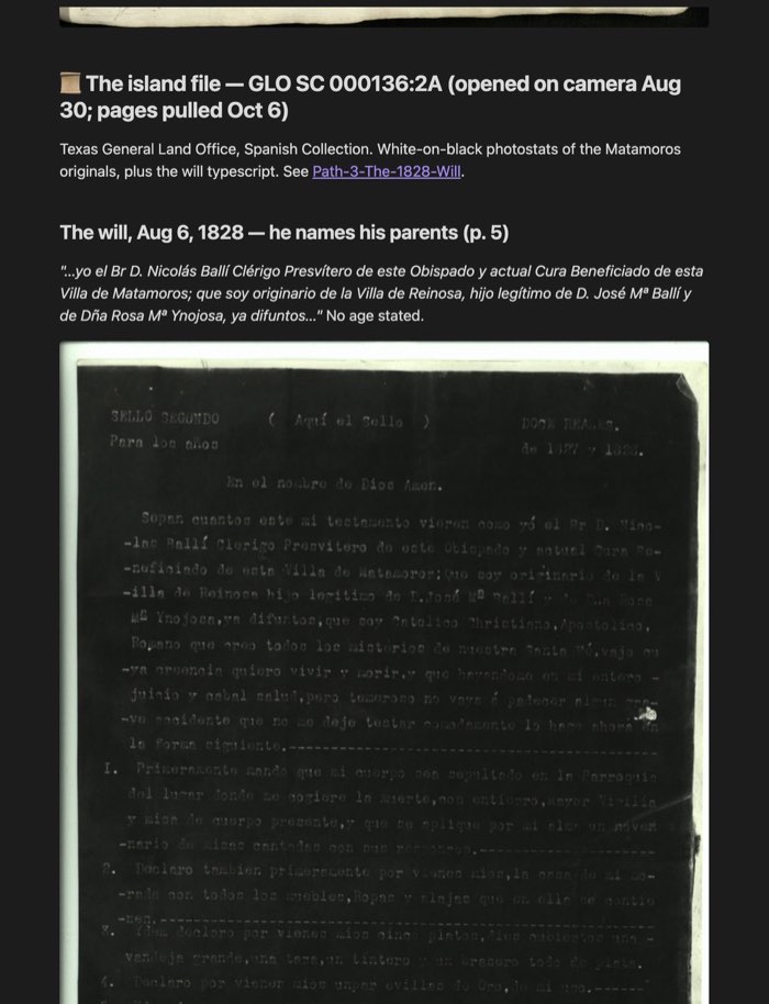 A note in the File 001 vault: a quote from Padre Ballí's 1828 will, with the typescript page embedded below it
