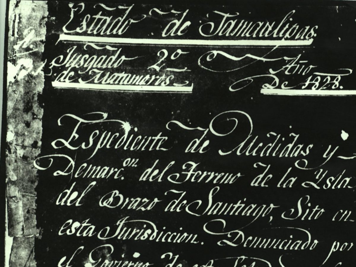 The 1828 survey file cover for Padre Island, handwritten, from the Texas General Land Office