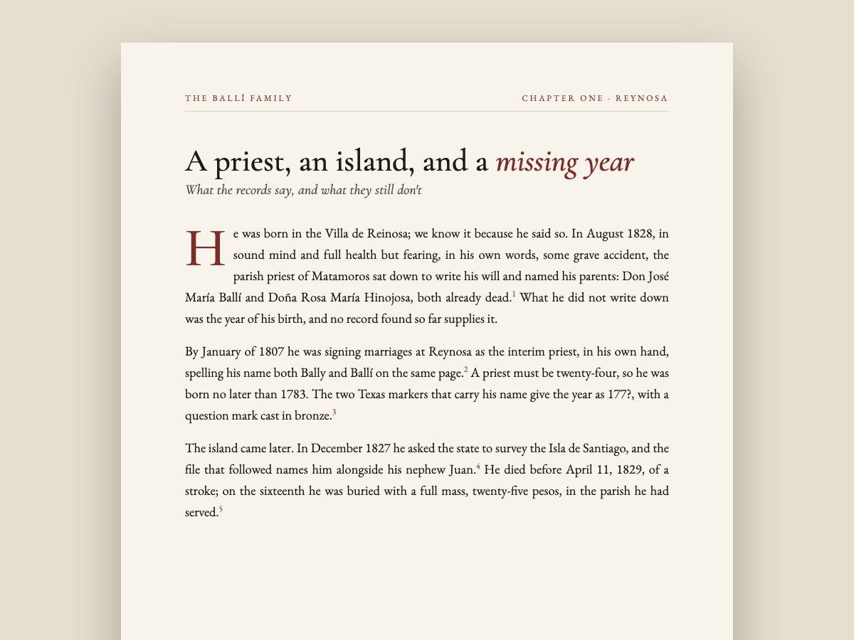 A typeset page of family history prose with source notes in the margin
