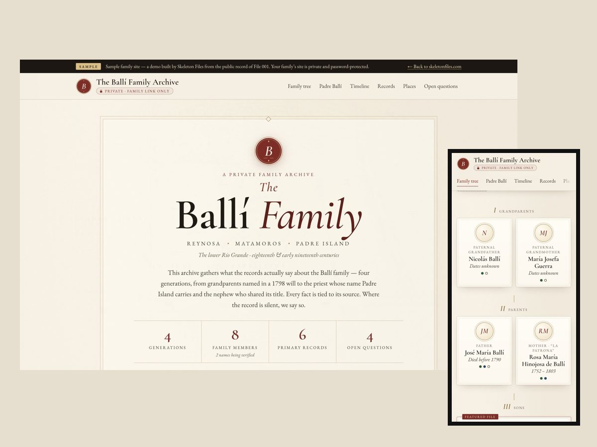 The sample family website on a laptop and a phone: The Ballí Family Archive with its family tree