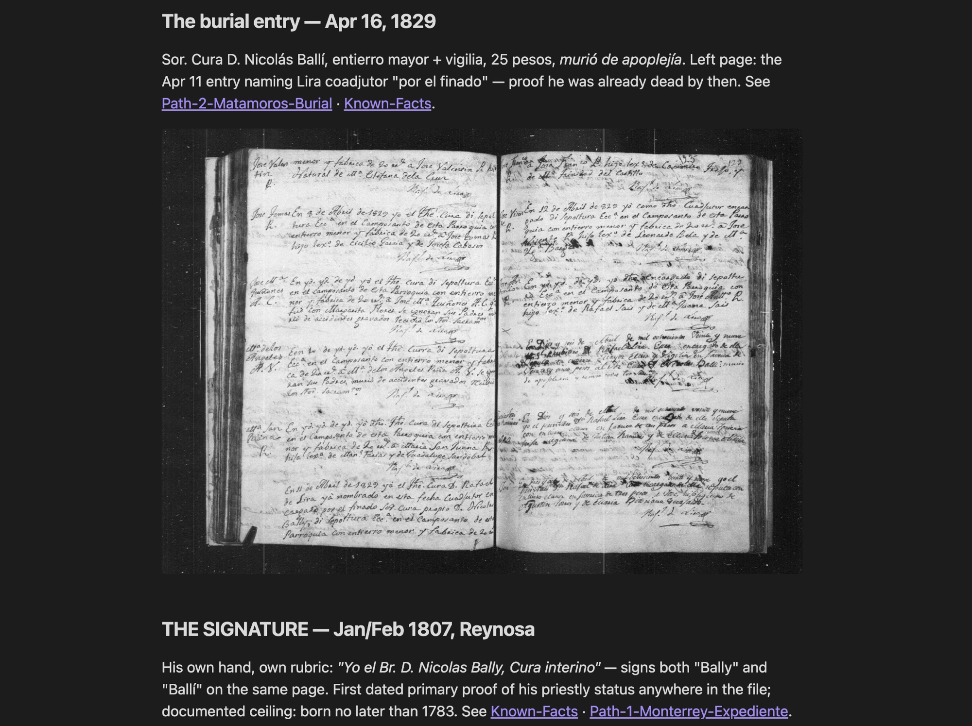A single note from the file with the 1829 Matamoros burial register embedded directly below its citation